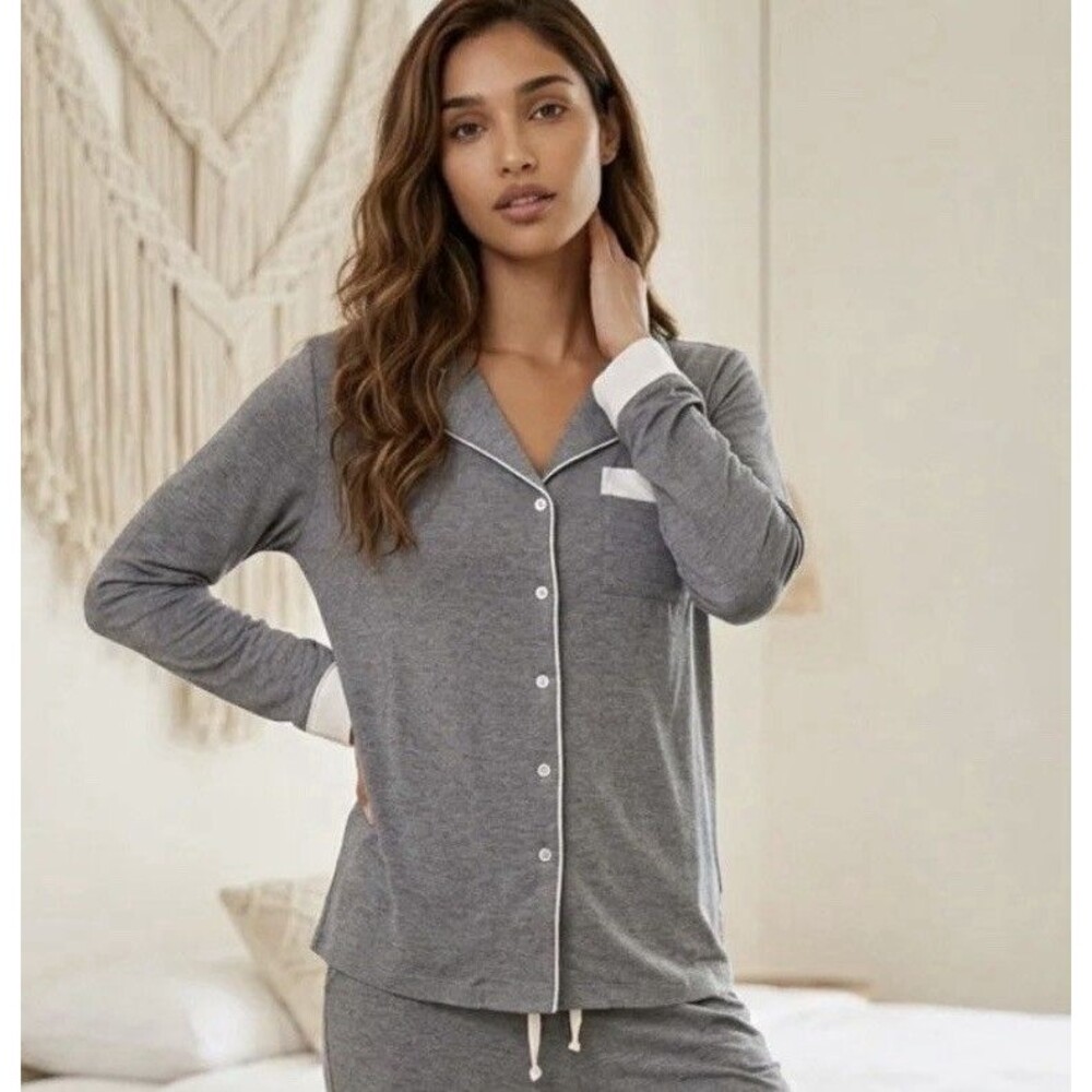 Haven Well Within Women's Size Large Gray Button Front Sleep Lounge Top NWT
